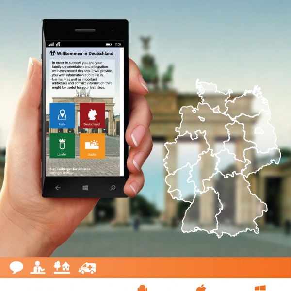 Aushänge und Postkarten zur Verbreitung der Welcome-App fertig