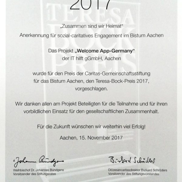 Würdigung der Welcome App durch Caritas Aachen